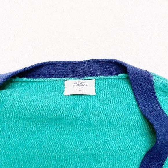 Wallace Merino Wool Varsity Cardigan Green Blue Piping SZ L - Picture 5 of 6